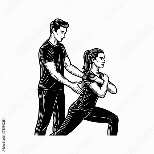 A personal trainer correcting a woman's lunge posture. Fitness coaching and workout concept. Black and white hand-drawn style graphic