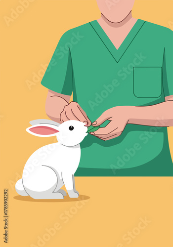 A veterinarian in green scrubs hand-feeding a small white rabbit. Vertical flat design graphic about pet care and veterinary medicine.