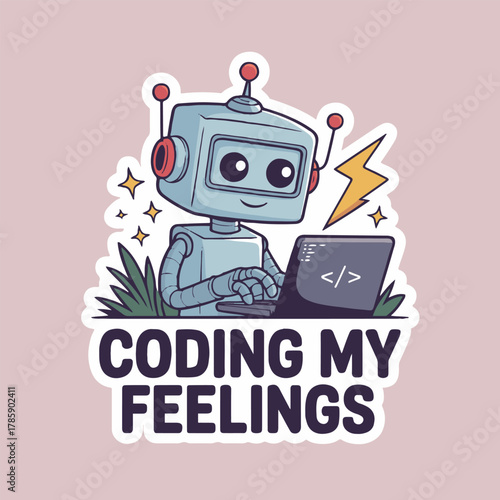 Cartoon robot coding on a laptop with stars lightning and grass with coding my feelings text
