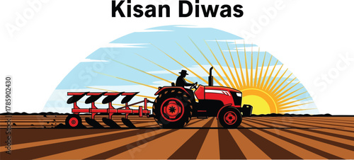 Farmer plowing field with tractor under rising sun for kisan diwas
