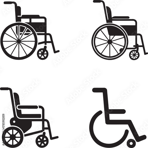 Wheelchair Icons Set – Black Silhouette Accessibility and Mobility Symbols for Medical and Healthcare Design