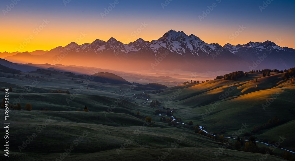 Fototapeta premium 朝焼けの幻想的な光が冠雪した荘厳な山々を温かく包み込み緑豊かな深い谷間をゆったりと流れる清流と起伏に富んだ丘陵を鮮やかに照らし出す地平線まで続く黄金色に染まる空と大地が織りなす息をのむような壮大な静寂の絶景. AI Generated