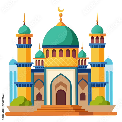 Islamic mosque building with traditional architecture,  domes, arches and ornate decorations. Isolated vector illustration on white background. Front view