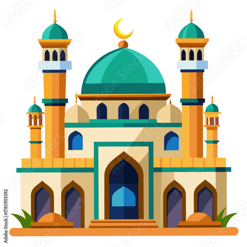 Islamic mosque building with traditional architecture,  domes, arches and ornate decorations. Isolated vector illustration on white background. Front view