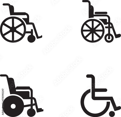 Wheelchair Icons Set – Black Silhouette Accessibility and Mobility Symbols for Medical and Healthcare Design