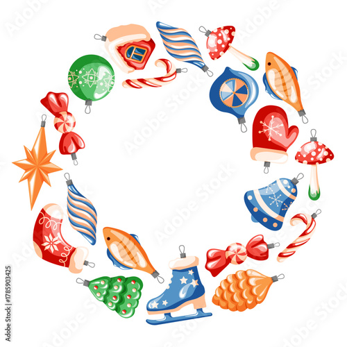 Festive wreath made of colorful Christmas tree toy ornament, star, bell, mitten, skates, candy cane arranged in a circular frame on white background in cartoon style.