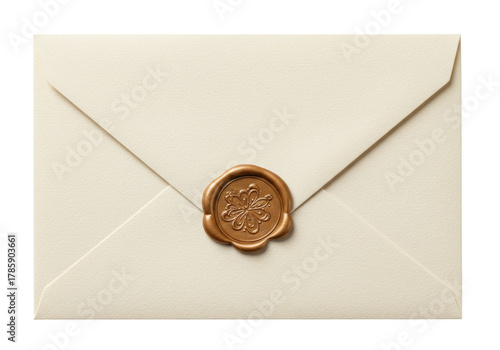 Isolated invitation envelope sealed with an ornate golden wax seal for authenticity and privacy