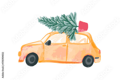 Christmas tree car delivery, pine tree in pot on the roof, watercolor painted hand drawn illustration