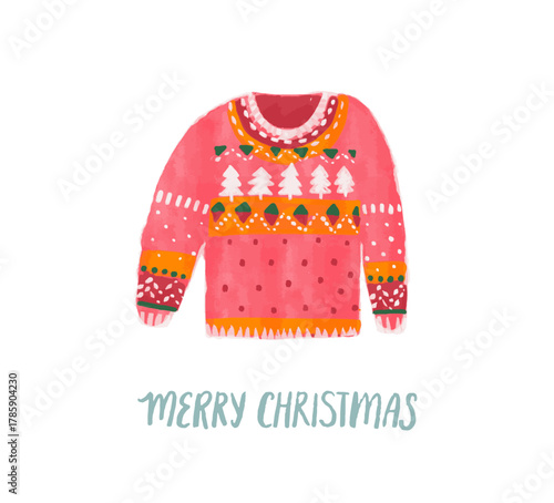 Knitted ugly sweater Christmas party, red watercolor painted jumper isolated