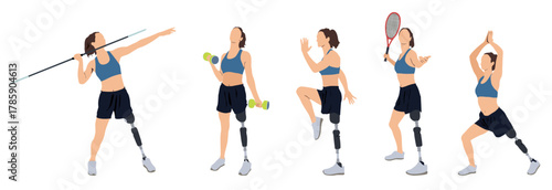 Female athletes with prosthesis legs of different sports.