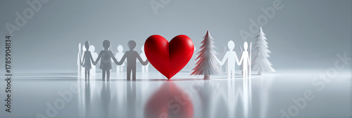 A 3D red heart surrounded by white paper-cut figures holding hands and a Christmas tree, symbolizing love, unity, and peace, on white background. Template for a Christmas card. Generative Ai.