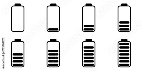 Sprite Sheet of Battery Charging Full or High or Empty Low Battery Power Load Symbol Sign Icon Set. Vector Image.