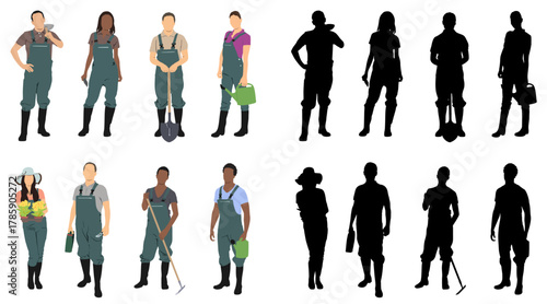 Set of male female farmers holding different farming equipment harvesting planting vegetables agricultural workers collection eco farming concept vector illustration.