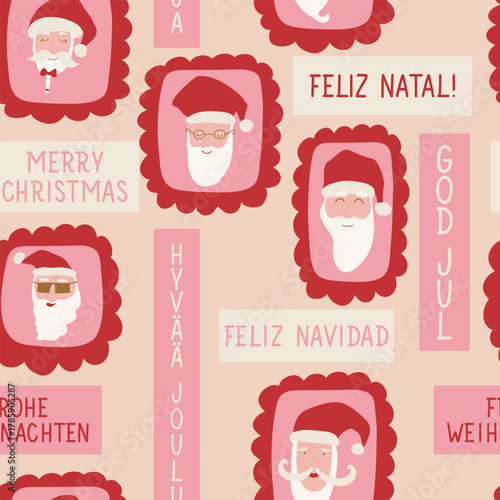 Seamless pattern with portraits of Santa Clauses. Merry Christmas in English, Spanish, Portuguese, German, Finnish, Swedish and Norwegian. Holiday background for wallpapers, textile, wrapping paper.