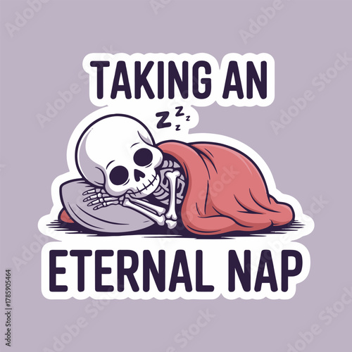 A cartoon skeleton taking an eternal nap under a blanket on a pillow with zzzs above its head