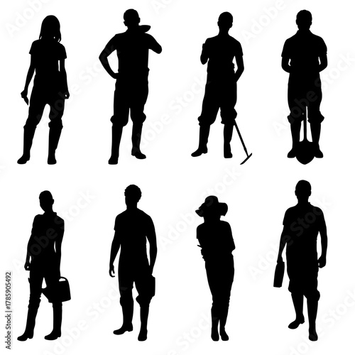 Gardening silhouette set, farmer standing vector, black gardener figure with tools, agriculture job, outdoor labor illustration