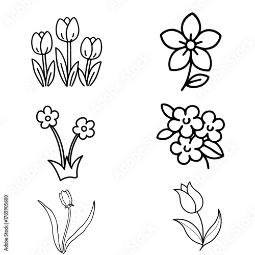 Minimal floral outline vector set featuring tulips and garden flowers for decoration, design, and nature-inspired artwork.