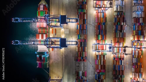 Overhead time lapse view of a illuminated container terminal with loading and unloading activity of a cargo ship with cranes and trucks during evening time