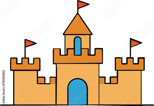 Cartoon illustration of a fantasy medieval castle with orange flags and blue arched doorway isolated on transparent background