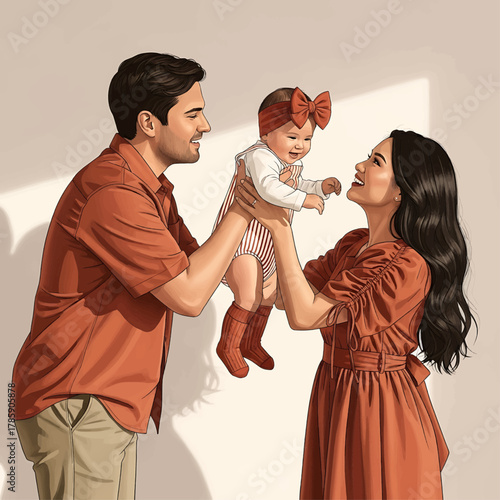 A loving couple joyfully holding their baby, all smiling brightly in a warm, intimate family portrait.