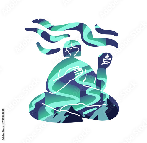 Meditation. Abstract female silhouette in yoga pose with Northern or Polar lights. Shadow of woman practising asana. Concept of retreat, nature and zen. Flat isolated vector illustration on white