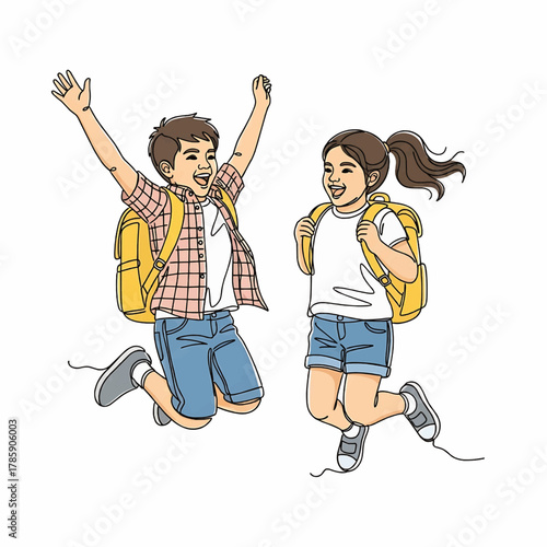 Two happy children, a boy and a girl, jumping with school backpacks, full of joy and excitement.
