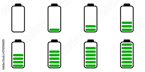 Sprite Sheet of Battery Charging Full or High or Empty Low Battery Power Load Symbol Sign Icon Set. Vector Image.