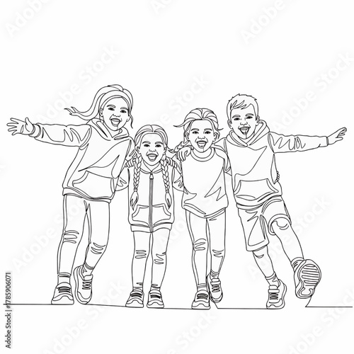 Line drawing of four happy children smiling and running towards the viewer with arms outstretched.
