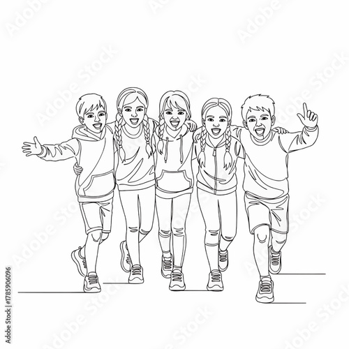 A group of five happy children, friends walking together with arms around each other in a black and white line art drawing.