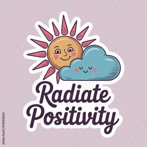 Cartoon sun and cloud with radiate positivity text on a light purple background illustration
