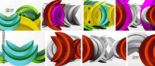 Abstract designs showcase vibrant curves, layers, glossy textures. Modern backgrounds ideal for presentations, branding, digital art.