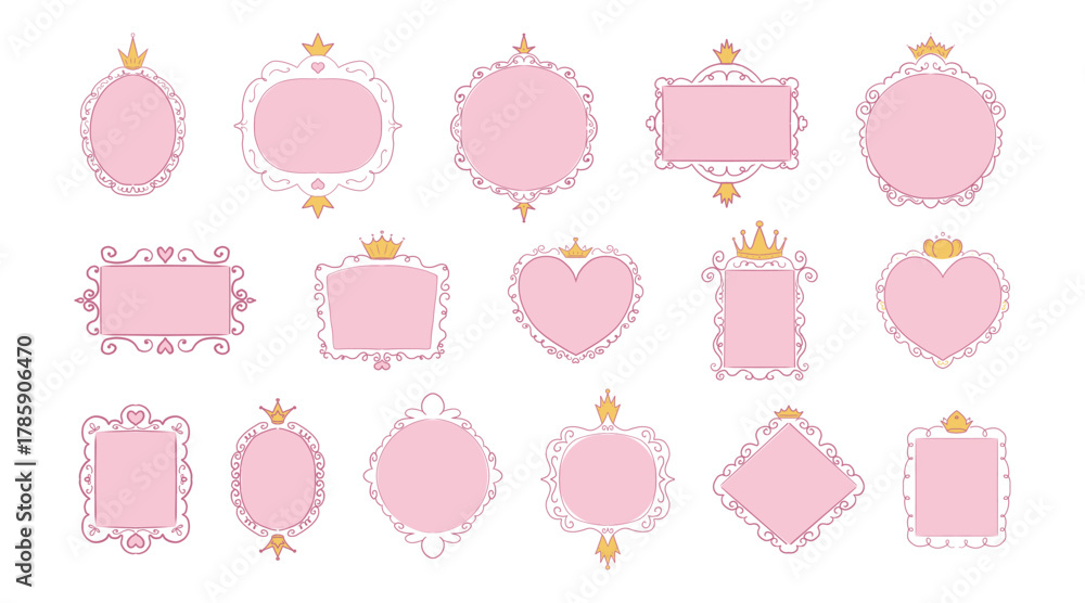 Naklejka premium Princess frame mirror set line fairy. Whimsical cute doodle mirrors with crown for baby princess. Collection elegant pastel decor.
