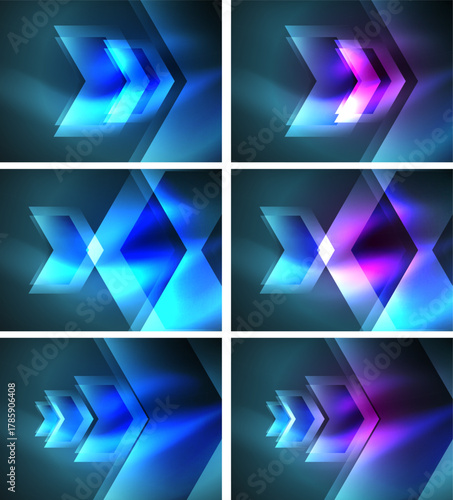 Abstract glowing arrows, layered shapes, vibrant colors. Blue, purple hues dominate composition. Modern digital art style.