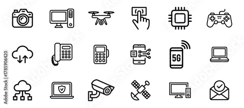 Technology and communication line icons: camera, computer, drone, nfc, cpu, gamepad, cloud, phone, 5g, satellite, cctv, email.