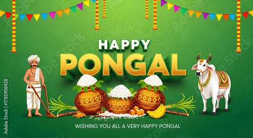 Tamil Nadu festival Happy Pongal with Pongal props, holiday Background, pongal celebration greeting card, vector illustration design.