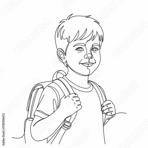 A black and white line drawing of a young boy with a backpack, smiling.