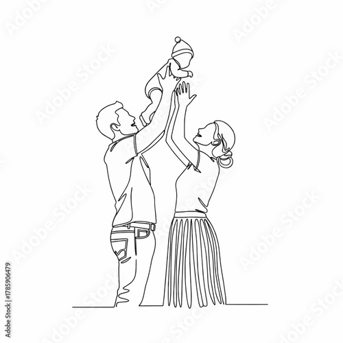 A minimalist line drawing depicts a joyful family moment with parents tossing their baby in the air.