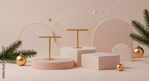 Minimalist Christmas product display scene with geometric podiums, jewelry stands, and festive decor