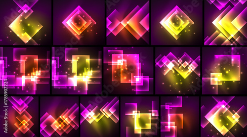 Bright geometric patterns. Squares, rectangles overlap creating vibrant light effects. Purple, pink, yellow hues dominate composition.