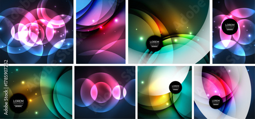 Bright abstract backgrounds. Circular shapes overlap, creating vibrant color gradients. Designs include text placeholders, suggesting promotional material.