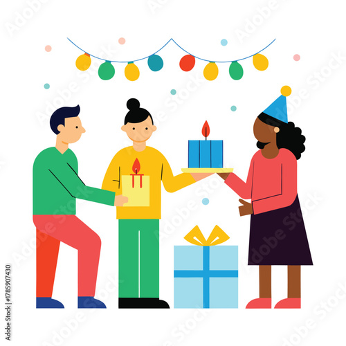 Diverse group of people exchanging holiday gifts illustration