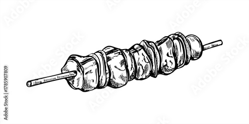 Monochrome vector fried meat pieces on wooden skewer line art black ink sketch. Etching drawing of grilled beef or chicken shashlik for BBQ menus, street food poster, summer party design