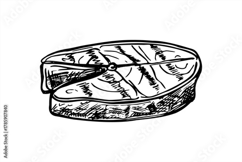 Monochrome pan fried salmon fish steak vector illustration in minimalist black and white style. Hand drawn grilled seafood slice ink graphic element for culinary blog, cooking book, poster
