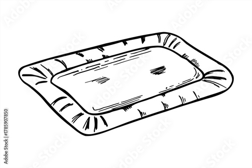 Vector disposable rectangle white paper plate isolated illustration painted by black inks. Blank food tray graphic sketch. Takeout package template for menu design, cooking recipes, cafe decor