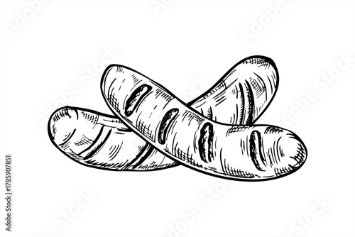 Two vector grilled meat sausages monochrome line art illustration painted by black inks. Monochrome bratwurst or chorizo griller for butcher shop label, BBQ festival poster, packaging design