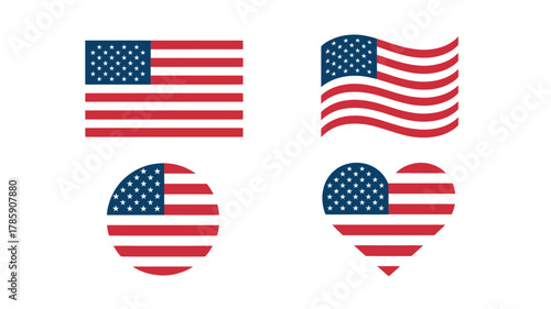 Four distinct american flag designs presented as silhouettes including a traditional rectangle a wavy flag an oval shape and a heart shape silhouette