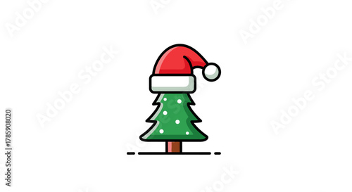 Charming Christmas tree wearing a festive Santa hat, perfect for holiday greetings and winter celebrations, bringing joy and festive cheer to any project.