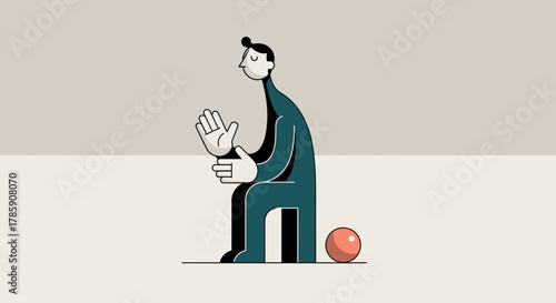 Modern stylized man in teal suit sits contemplating with a single red ball nearby, conveying introspection and simple focus