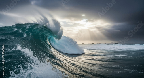 Dramatic ocean wave barrels powerfully under sunbeams breaking through dark storm clouds creating a breathtaking natural spectacle
