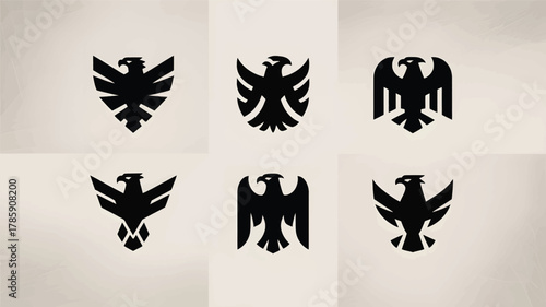 Collection of six distinct black eagle emblems in a modern silhouette style representing power and heraldry silhouette